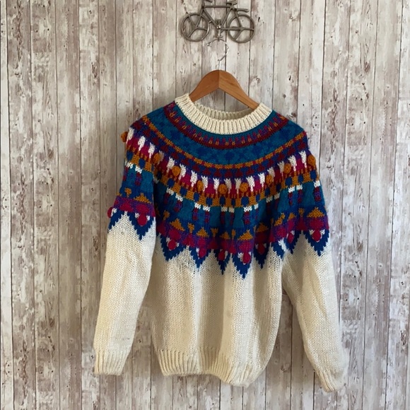 Vintage Sweaters - Vintage hand knit I.V.Y nordic pom pom sweater